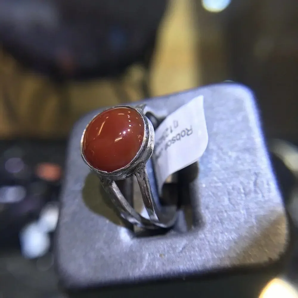 Red Agate (Natural) Ring Round Sz10 Bezel Set Silver 925 Design Band